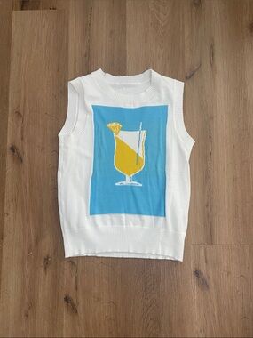 White Knit Tank Top with Blue Panel & Yellow Drink Graphic